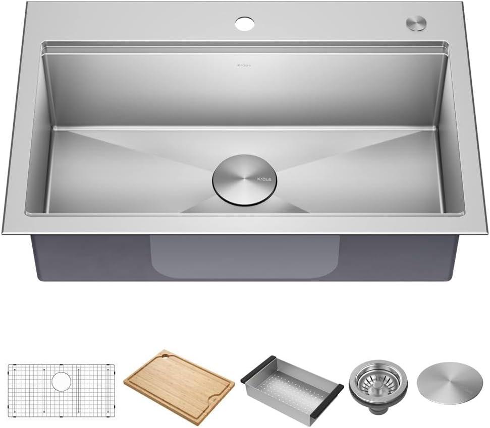 KRAUS Kore™ Workstation 32-inch L Drop-In Single Bowl Stainless Steel Kitchen Sink with Accessories (Pack of 5)