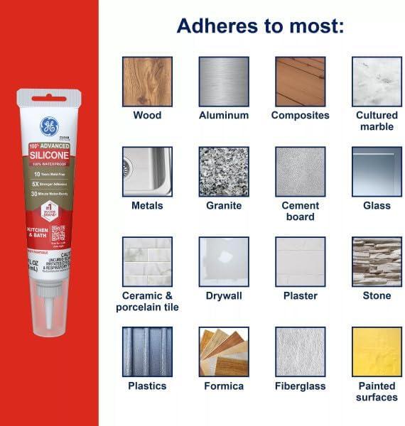 GE Advanced Silicone Kitchen & Bath Sealant, Pack of 1, Clear 2.8 fl oz Tube