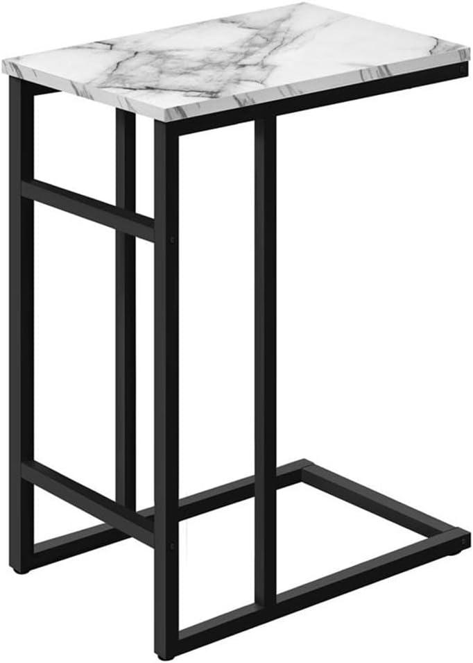 Monarch Specialties Accent Table, C-shaped, End, Side, Snack, Living Room, Bedroom, White Marble Look Laminate, Black Metal, Contemporary, Modern
