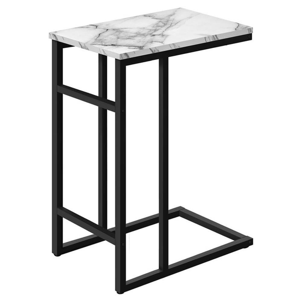 Monarch Specialties Accent Table, C-shaped, End, Side, Snack, Living Room, Bedroom, White Marble Look Laminate, Black Metal, Contemporary, Modern