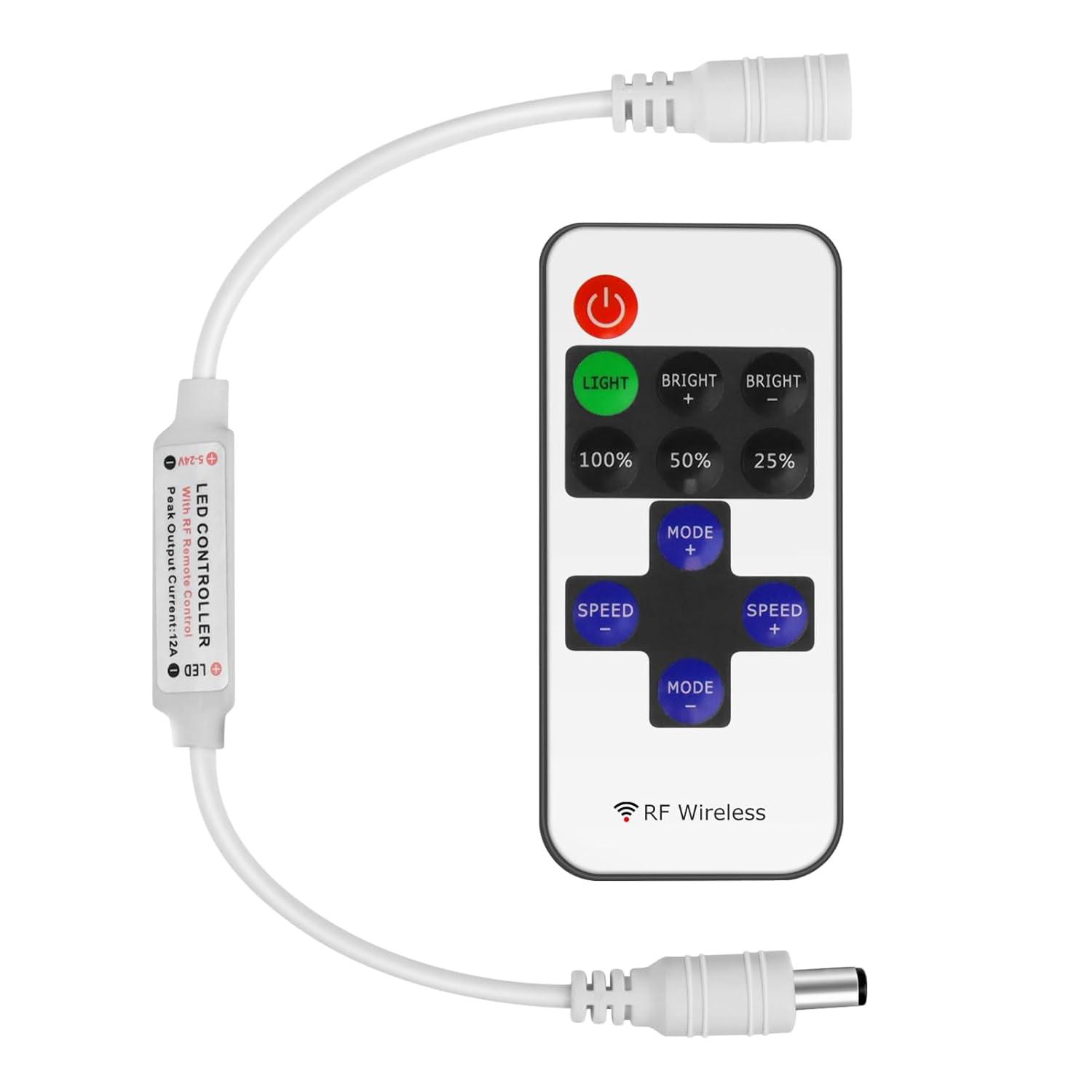 RF Mini Wireless Remote Controller for Single Color 3528 5050 LED Strip Lights, Wireless Remote Control with White DC Connector, RF Dimmer for 12V DC LED Ribbon, Shelf Lights