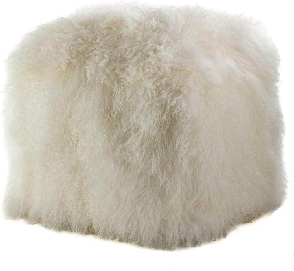 Saro Lifestyle Real Mongolian 100% Wool Lamb Fur Pouf Ottoman Square