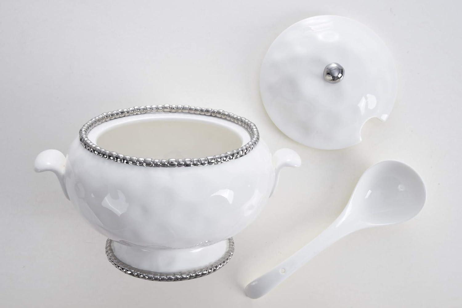 White and Silver Porcelain Soup Tureen with Ladle