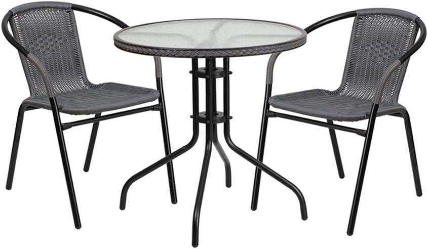 28" Round Clear Glass Patio Dining Set with Gray Rattan Chairs