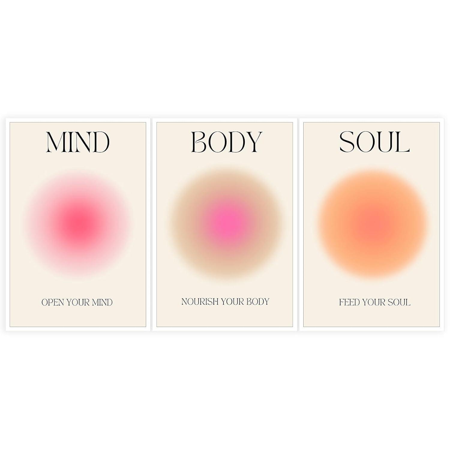 Asdg12s-Positive Aura Posters for Room Aesthetic 3 Piece Colorful Aura Grainy Gradient Canvas Wall Art Spiritual Soul Body Mind Quote Print Painting Danish Pastel Home Wall Decor for Bedroom