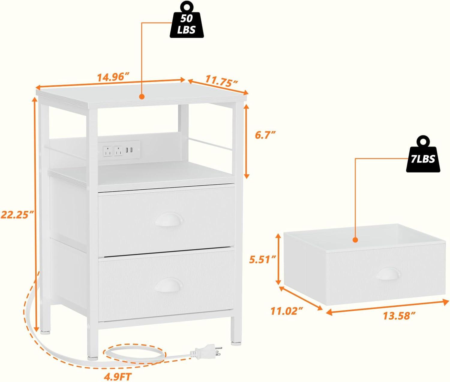 Furologee Nightstand with Charging Station, Bedside Table with USB Ports & Outlets, Night Stand with Storage Shelf & Hooks, End Table with Fabric Drawers for Bedroom, Living Room, White