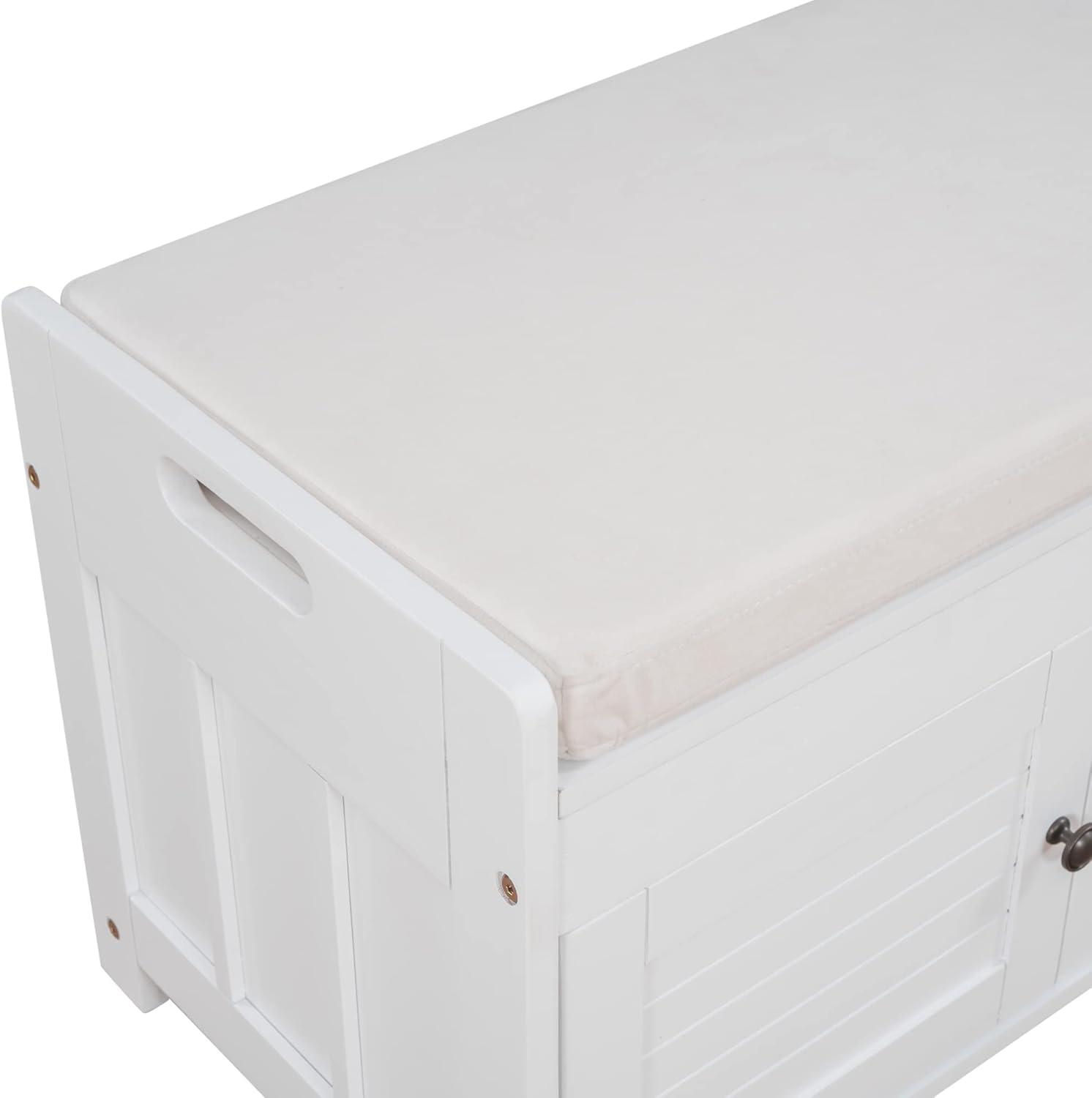 Wood Storage Bench with Removable Cushion and 3 Shutter-Shaped Doors (White)