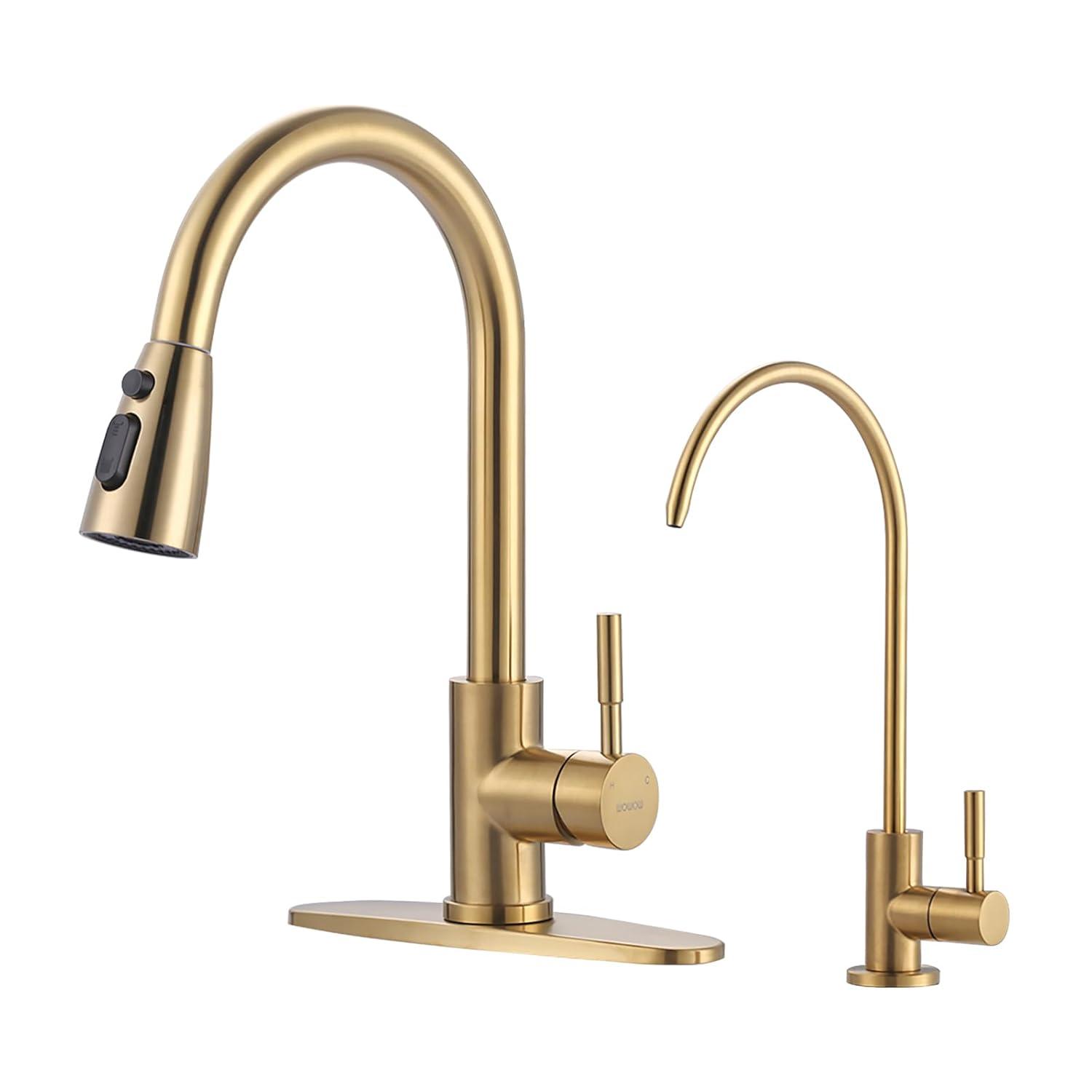 FashionSecretsLLC Kitchen Faucet and Water Filter Faucet Combo, WOWOW Stainless Steel Kitchen Sink Faucet with Drinking Water Faucet for Reverse Osmosis or Water Filtration System, Brushed Gold Sinkfaucet-BG-025