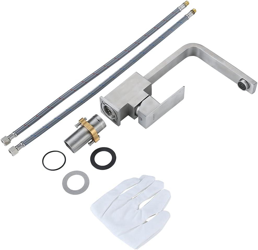 Single Handle Deck Mount Stainless Steel Bar Faucet with Hot & Cold Dual Modes in Brushed Nickel Finish