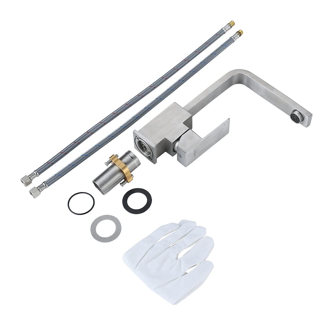 Single Handle Deck Mount Stainless Steel Bar Faucet with Hot & Cold Dual Modes in Brushed Nickel Finish