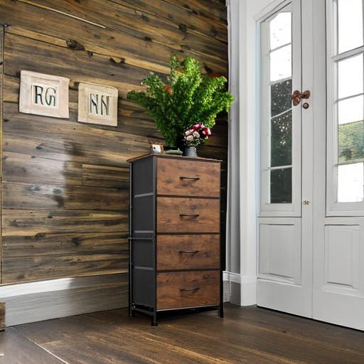 Rustic Brown Vertical 4-Drawer Fabric Storage Tower