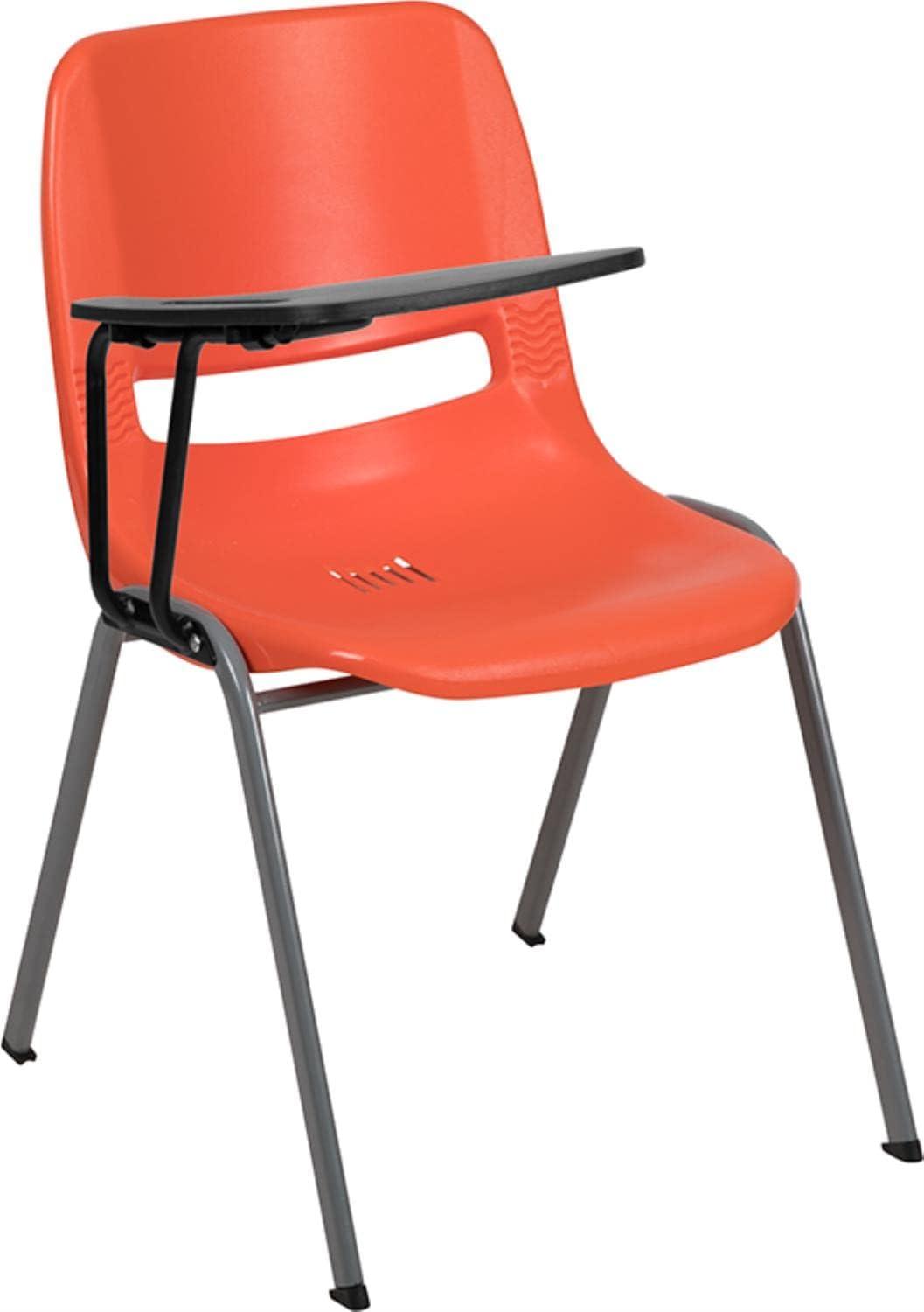 Compact Orange Ergonomic Shell Chair with Flip-Up Tablet Arm