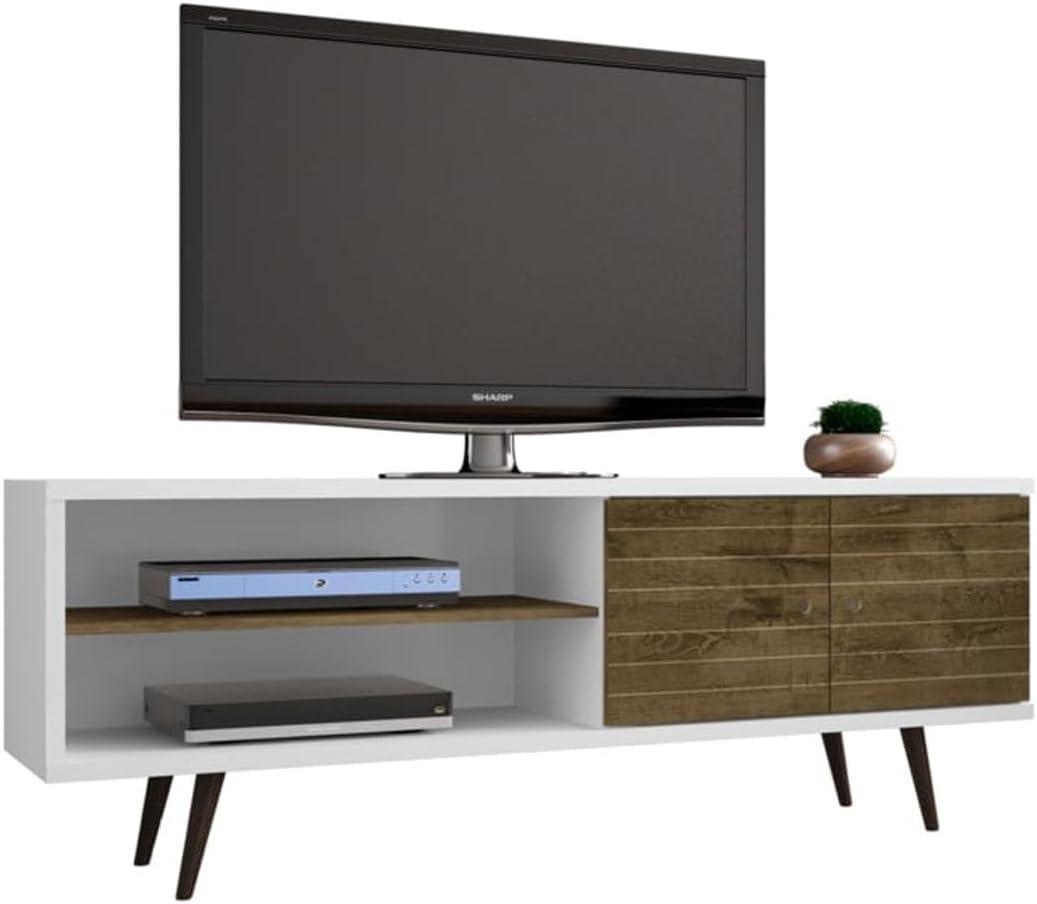 Liberty 63'' White and Rustic Brown Mid-Century Modern TV Stand with Cabinet