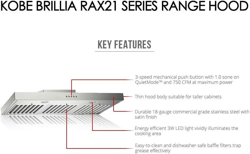 KOBE RAX2130SQB-1 Brillia 30-inch Under Cabinet Range Hood, 3-Speed, 750 CFM, LED Lights, Baffle Filters