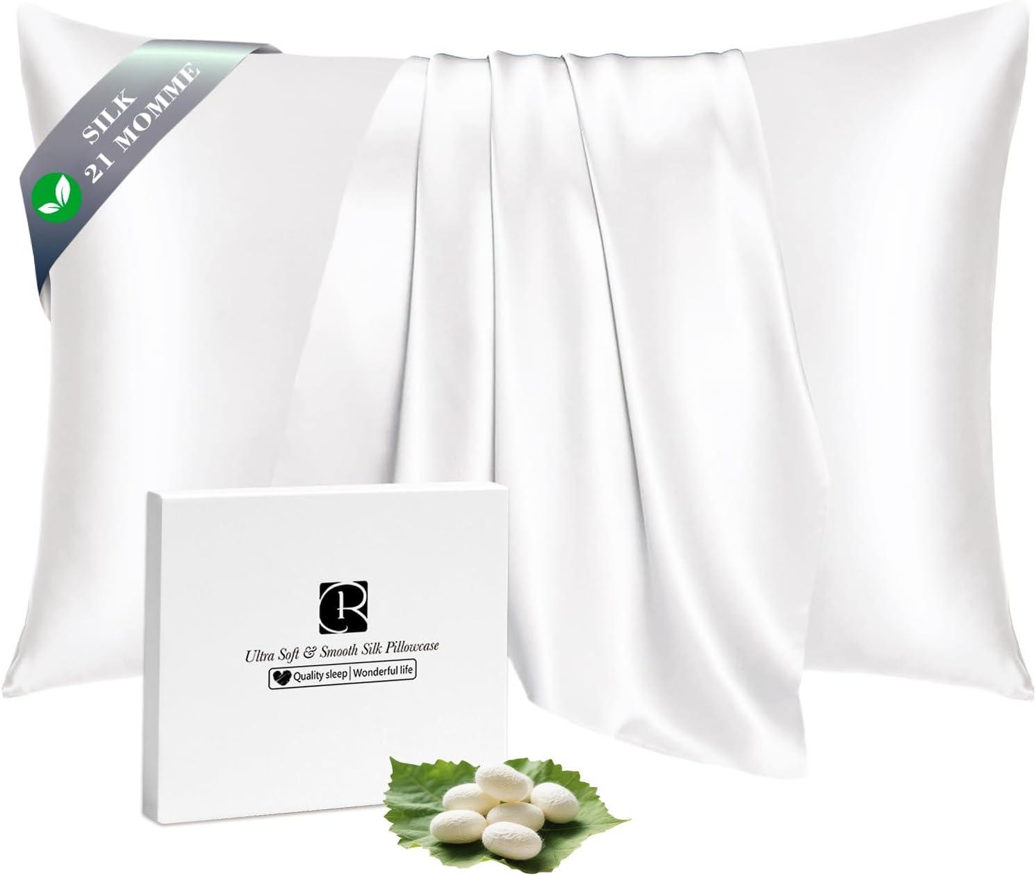 Ravmix Silk Pillow Cases with Zipper, 21 Momme Mulberry Silk Pillowcase for Hair Skin Health, Soft Smooth Breathable Cool Pillow Cover for Beauty Sleep with Gift Box(Queen 20"x30", Ivory White) 1PC