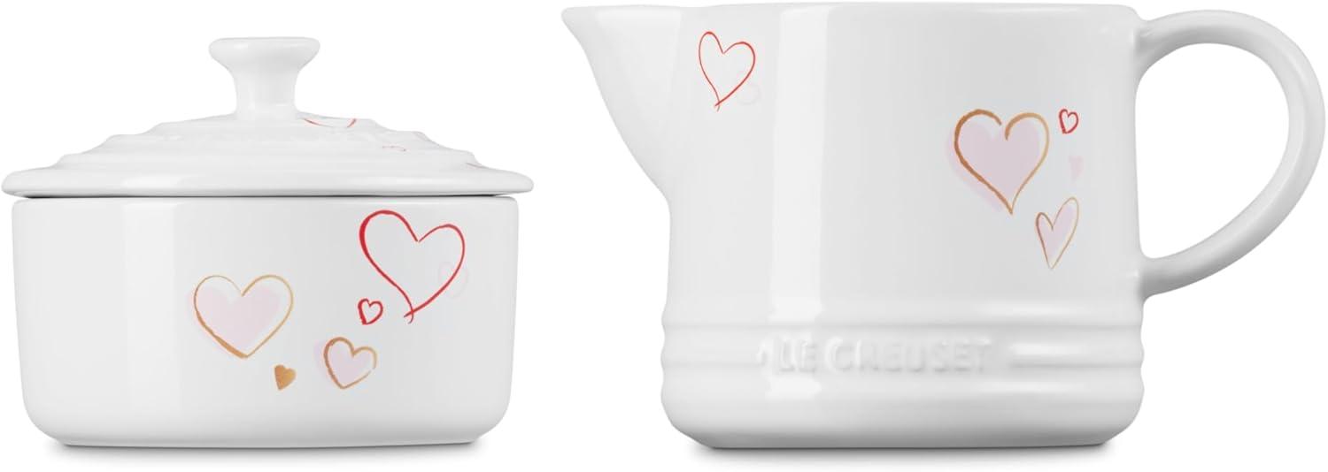 White Stoneware Cream and Sugar Set with Heart Appliqué