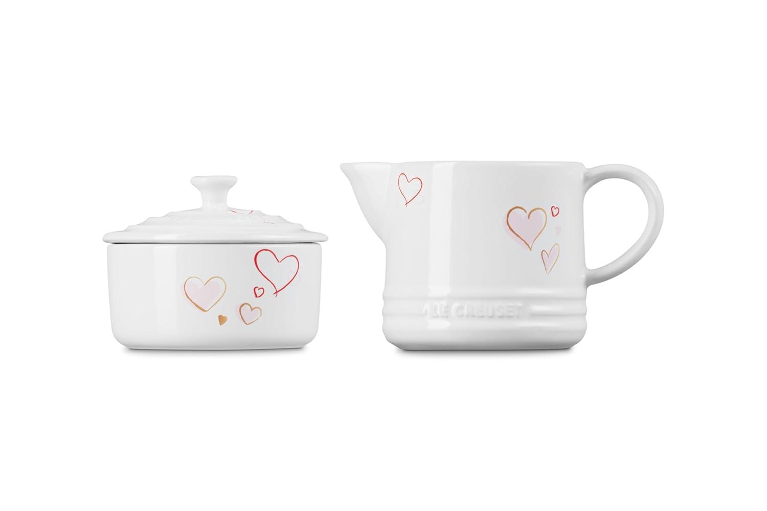 White Stoneware Cream and Sugar Set with Heart Appliqué