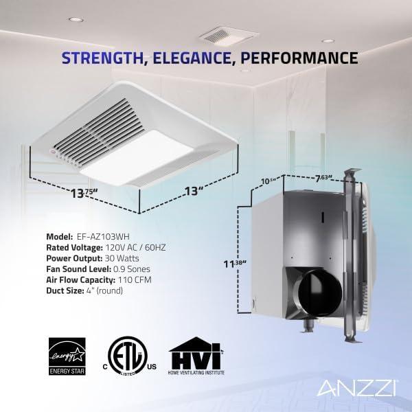 ANZZI 110 CFM 1.3 Sones Super Quiet Square Grill Ceiling Mount Sturdy 26 Watt Bathroom Exhaust Fan With Built-In LED Light Energy Star Rated