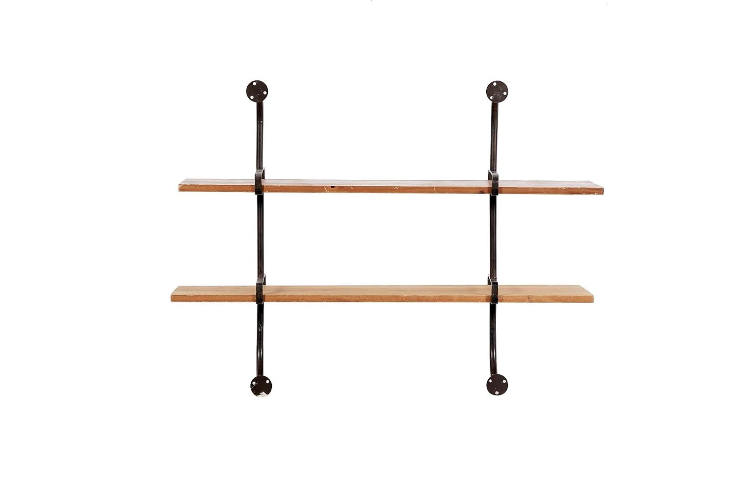 Brown Iron and Fir Wood 2-Tier Wall Shelf, 37" x 29"