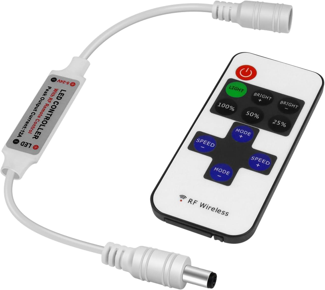 RF Mini Wireless Remote Controller for Single Color 3528 5050 LED Strip Lights, Wireless Remote Control with White DC Connector, RF Dimmer for 12V DC LED Ribbon, Shelf Lights
