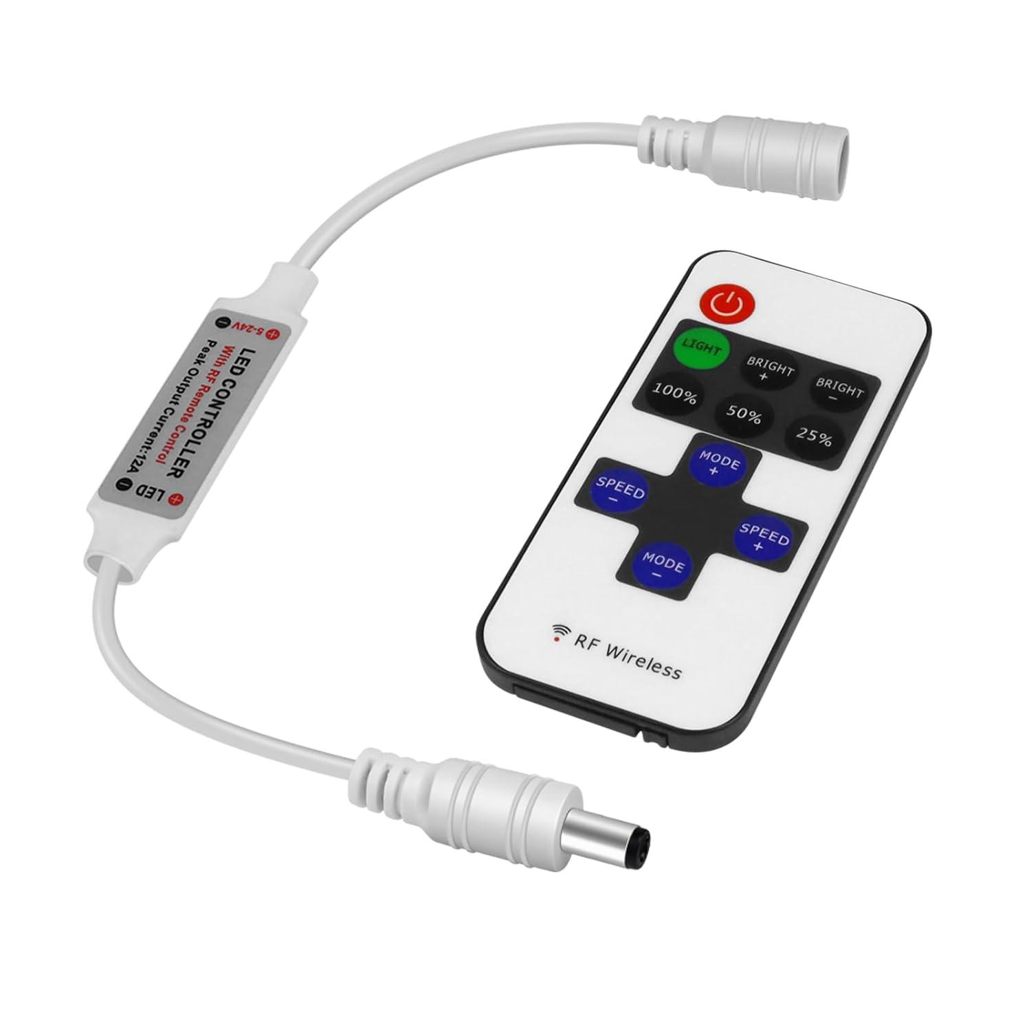 RF Mini Wireless Remote Controller for Single Color 3528 5050 LED Strip Lights, Wireless Remote Control with White DC Connector, RF Dimmer for 12V DC LED Ribbon, Shelf Lights