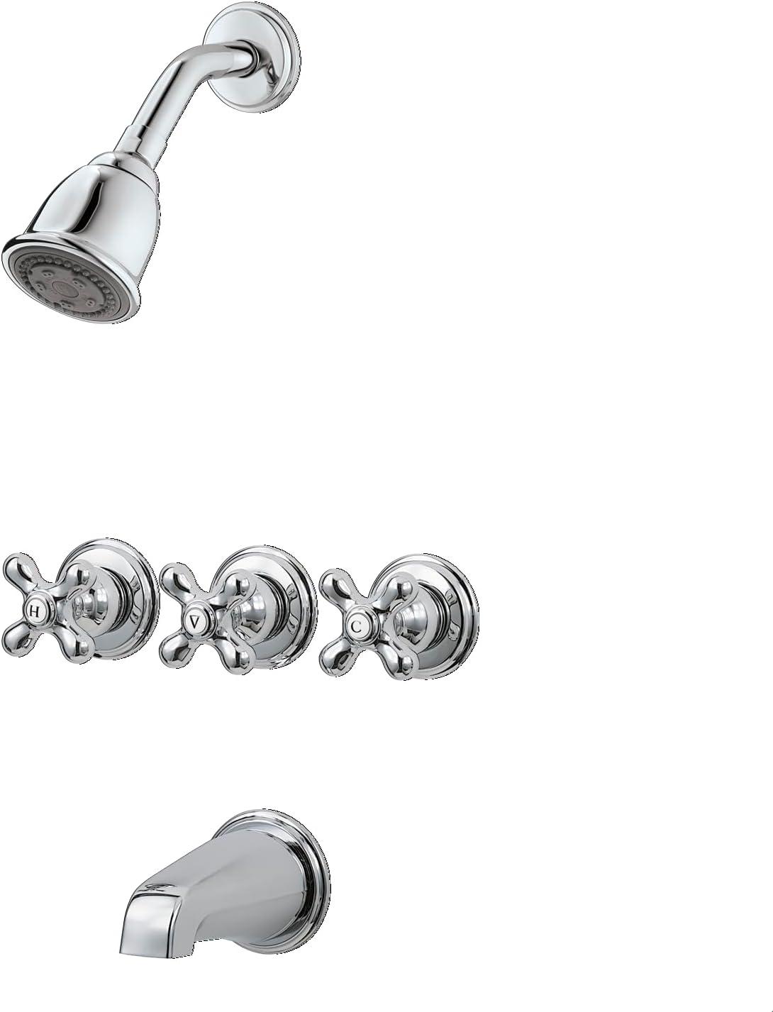 Polished Chrome Wall Mounted 3-Handle Tub and Shower Faucet