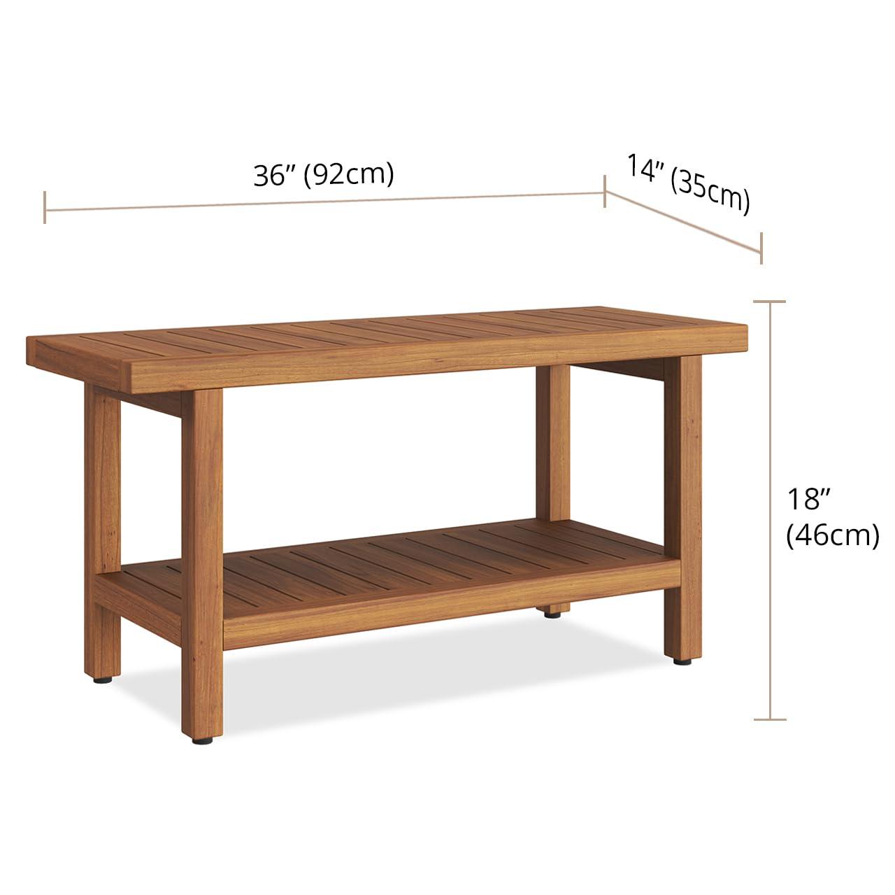 36" Natural Teak Wood Spa Shower Bench with Shelf