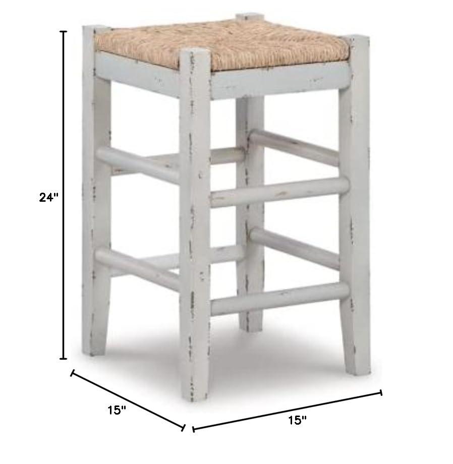 Vintage White Wood Counter Height Bar Stools with Woven Seats, Set of 2
