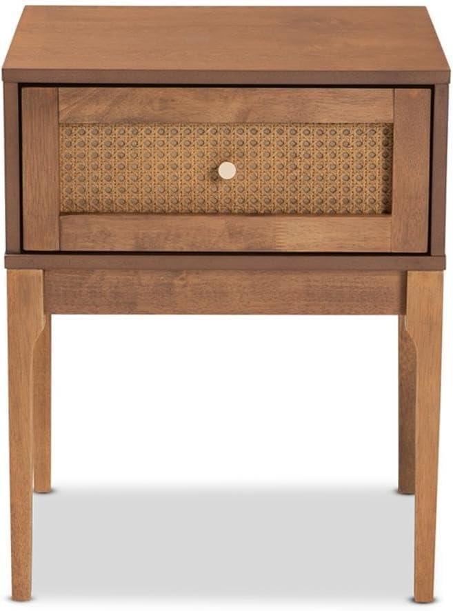 Baxton Studio Ramiel Ash Walnut Finished Wood and Rattan 1-Drawer Nightstand