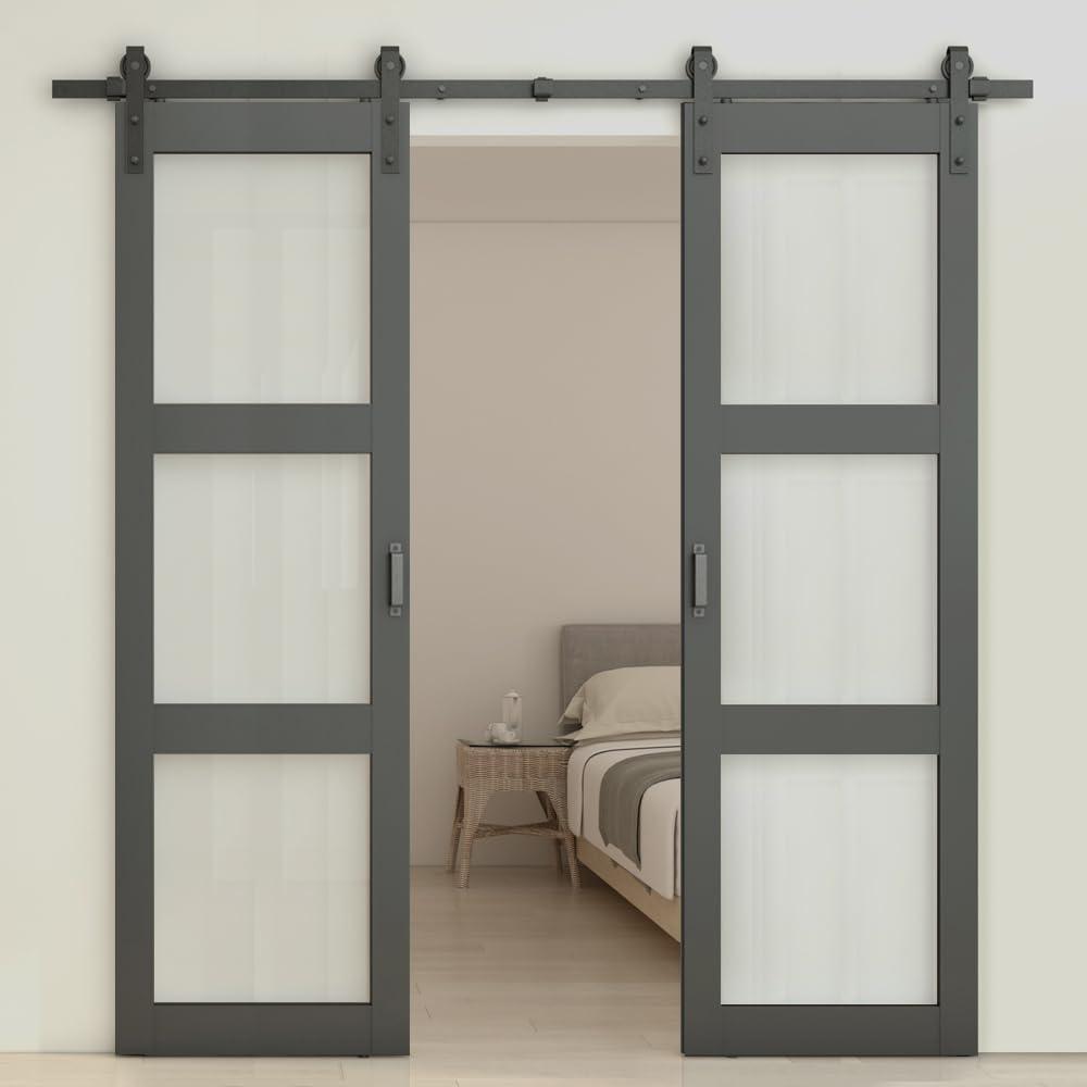 Calhome 3-Lite Tempered Frosted Glass White Finished Composite Double Sliding Barn Door with Hardware Kit Handle