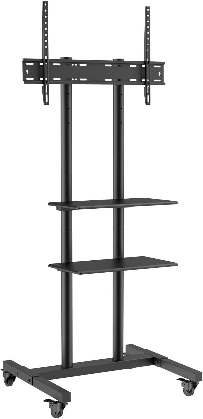 Black Adjustable Mobile TV Stand with Double Tray for 32-70 inch TVs