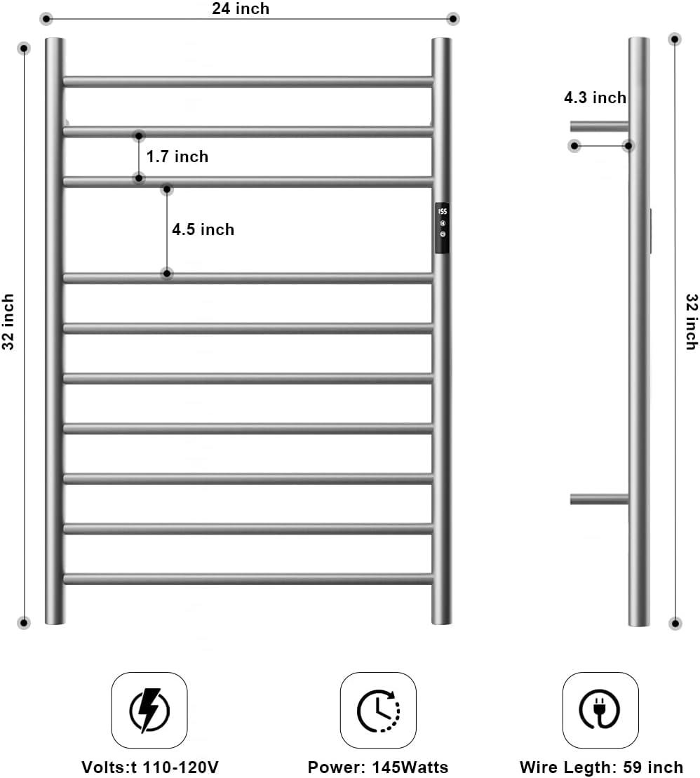 Topcobe 10 Bar Towel Warmer Wall Mounted Electric Heated Towel Rack with Built-in Timer, Bathroom Furniture, Electric Heated Towel Racks for Bathroom, Silver