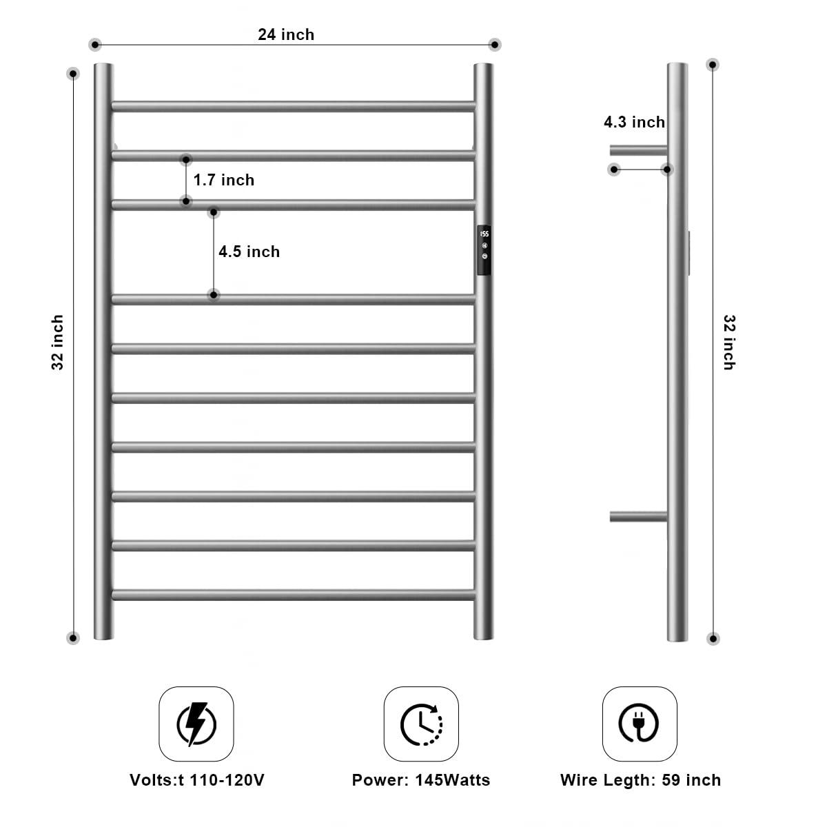 Topcobe 10 Bar Towel Warmer Wall Mounted Electric Heated Towel Rack with Built-in Timer, Bathroom Furniture, Electric Heated Towel Racks for Bathroom, Silver