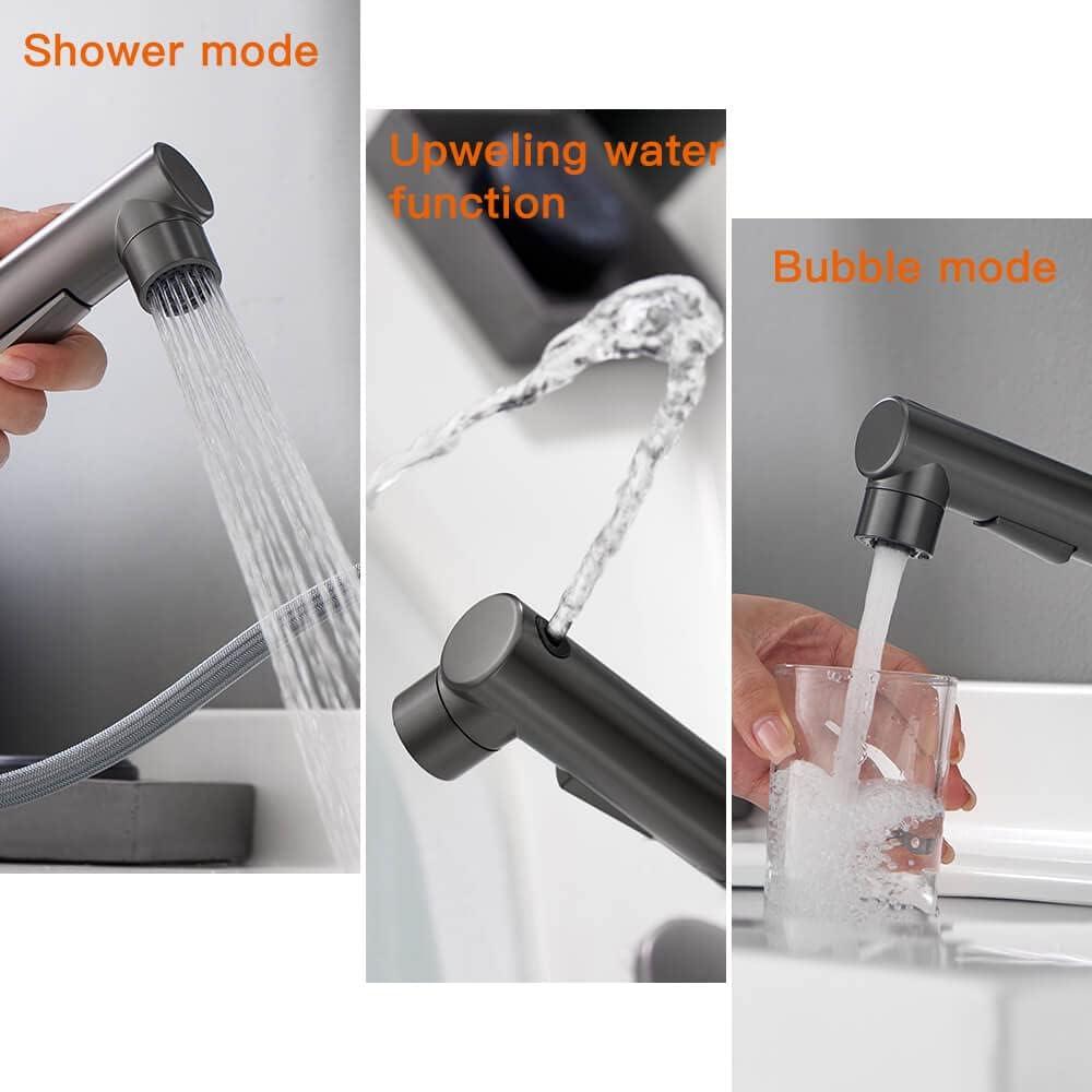Bathroom Sink Faucet with Pull Out Sprayer Single Hole one Handle Basin Mixer Tap Pull Down Vessel Waterfall Rotating Spout Widespread Drain Assembly (Gun Grey, Regular)