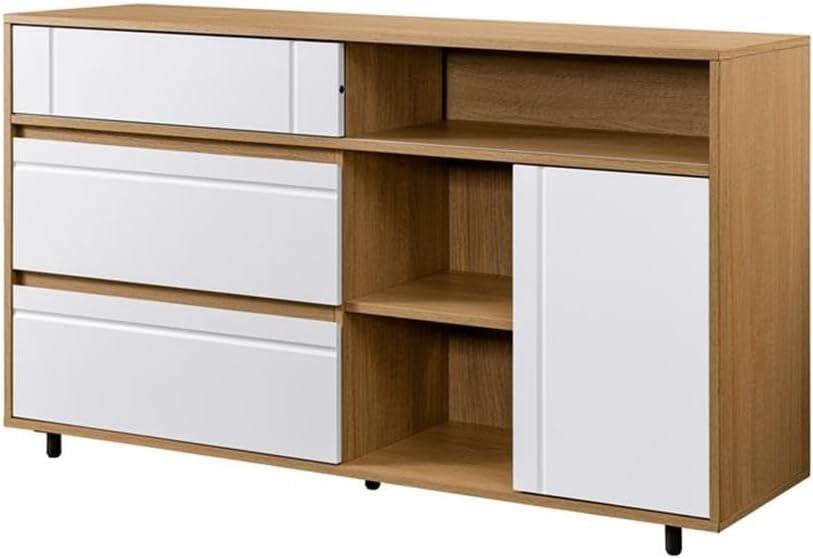 Walker Edison 52” Contemporary 3-Cubby 2-Drawer Storage Sideboard, Coastal Oak/Solid White