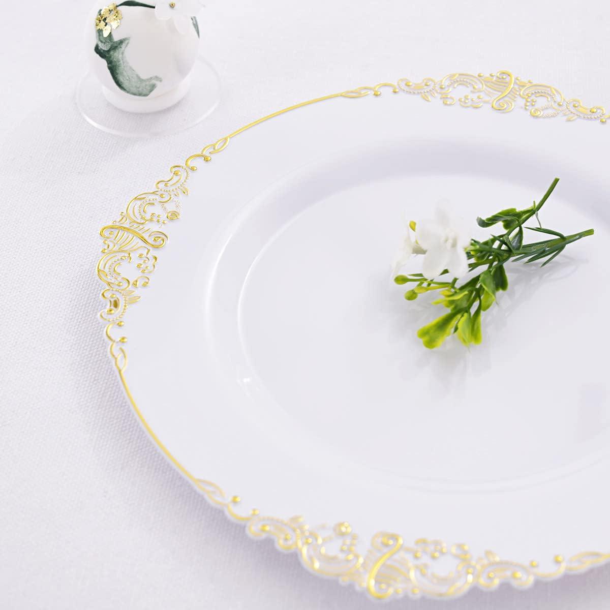 White and Gold Floral Rim Round Plastic Plates Set