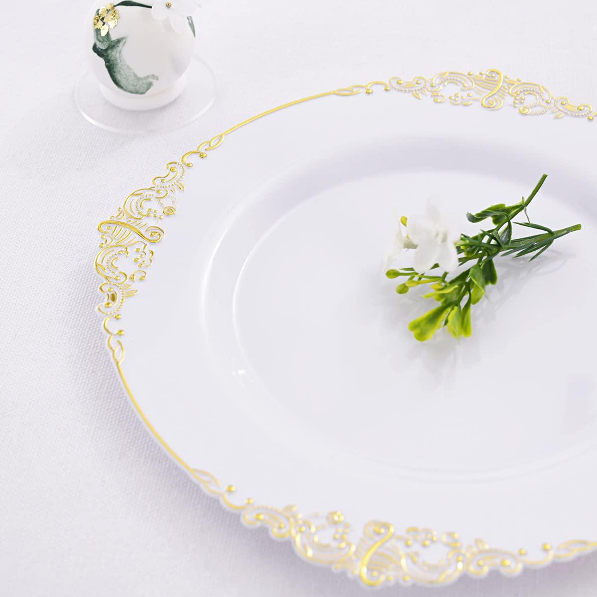 Liacere 60 Pack Gold Plastic Plates - White and Gold Disposable Plates include 30PCS 10.25inch Gold Dinner Plate, 30PCS 7.5inch Dessert Plate for Party & Wedding & Fall Decor