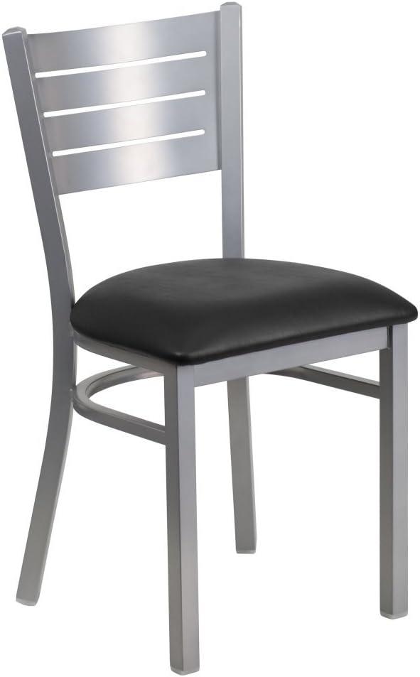 Flash Furniture HERCULES Series Silver Slat Back Metal Restaurant Chair - Black Vinyl Seat