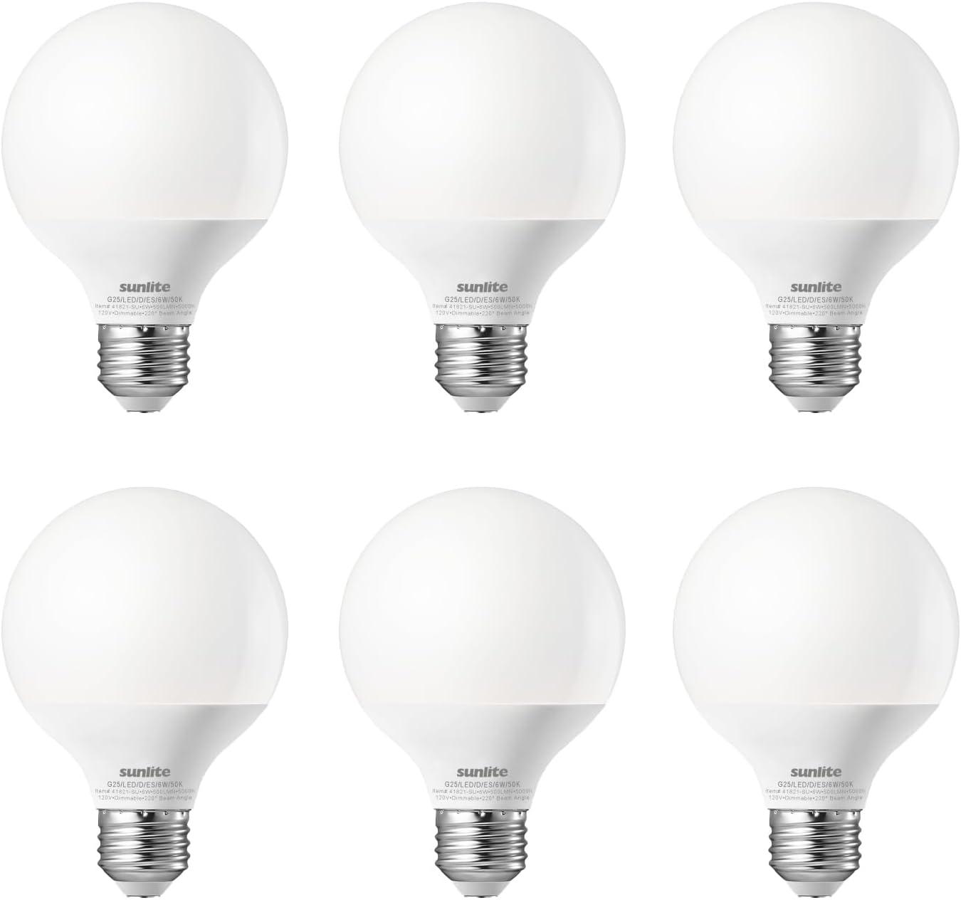 Sunlite LED G25 Globe Light Bulb, 6 Watts (60W Equivalent), Standard E26 Base, 520 Lumens, Dimmable, Frosted, 90 CRI, 5000K Daylight, 6 Pack