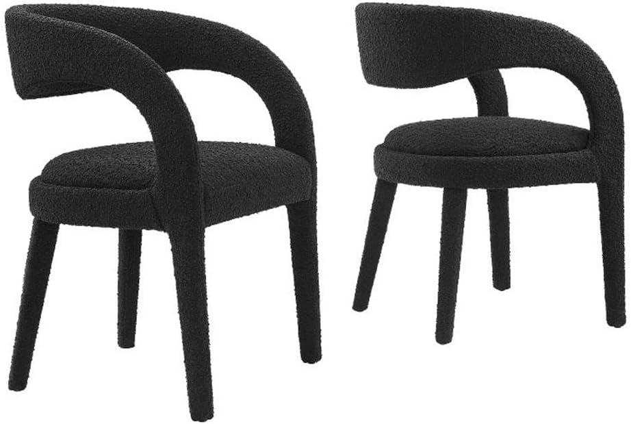 Black Boucle Upholstered Dining Chair Set with Curved Backrest