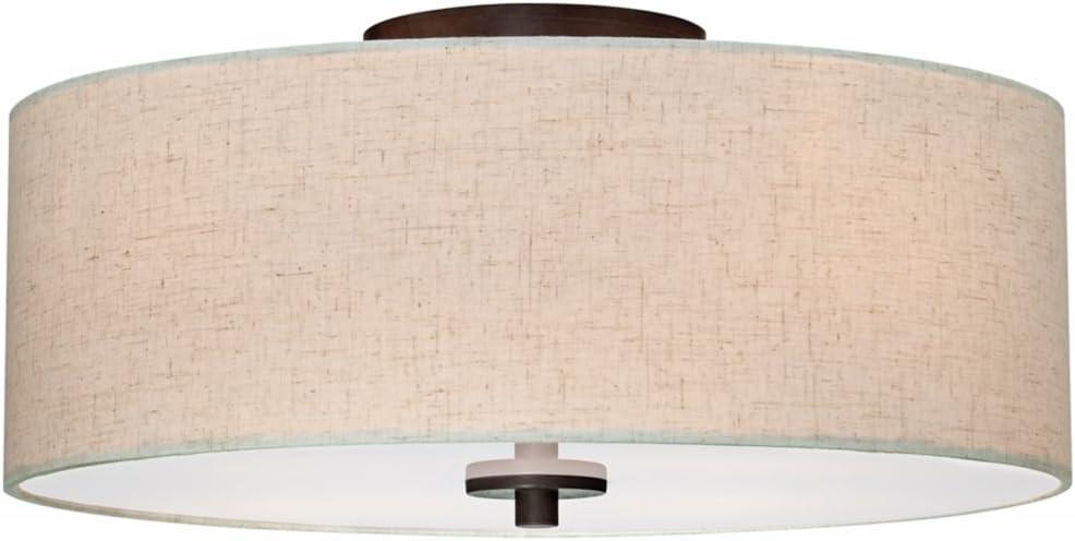 Bronze Flush Mount Ceiling Light with Oatmeal Drum Shade