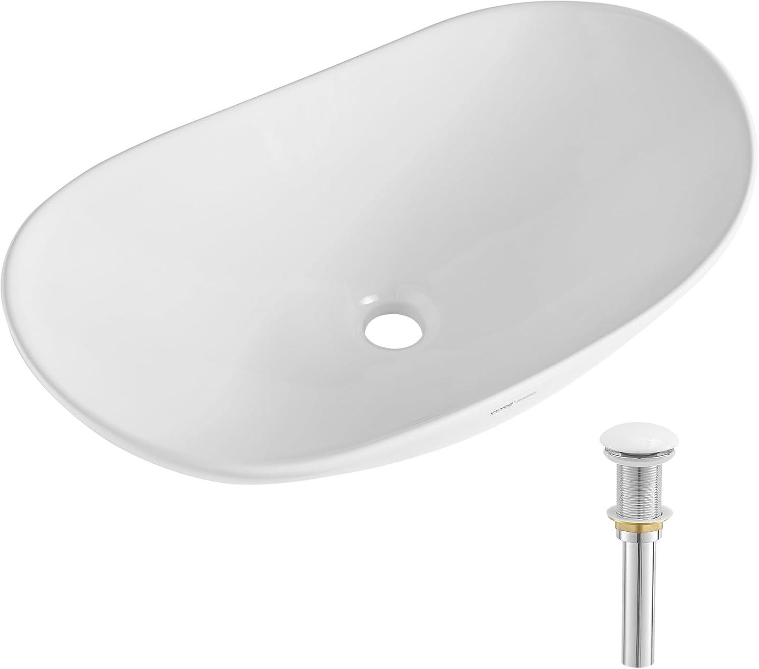 White Oval Ceramic Above-Counter Vessel Sink with Drain