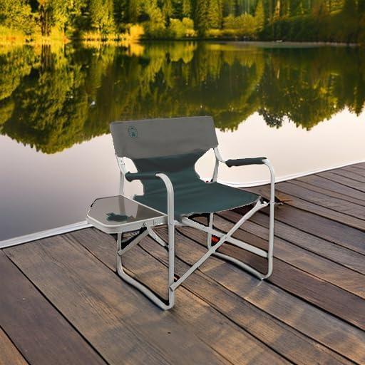 Green Folding Deck Chair with Side Table and Cup Holder