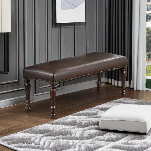 Nailhead Trim Faux Leather Dining Bench with Turned Legs Brown - Saltoro Sherpi