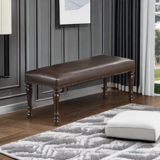Nailhead Trim Faux Leather Dining Bench with Turned Legs Brown - Saltoro Sherpi