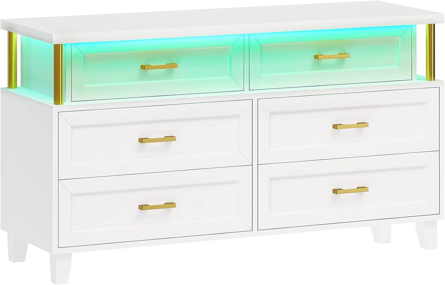 White 6 Drawer Dresser with Led Light,Dresser for Bedroom, Dressers & Chests of Drawers with Column Design, Modern Bedroom Wood Long Closet