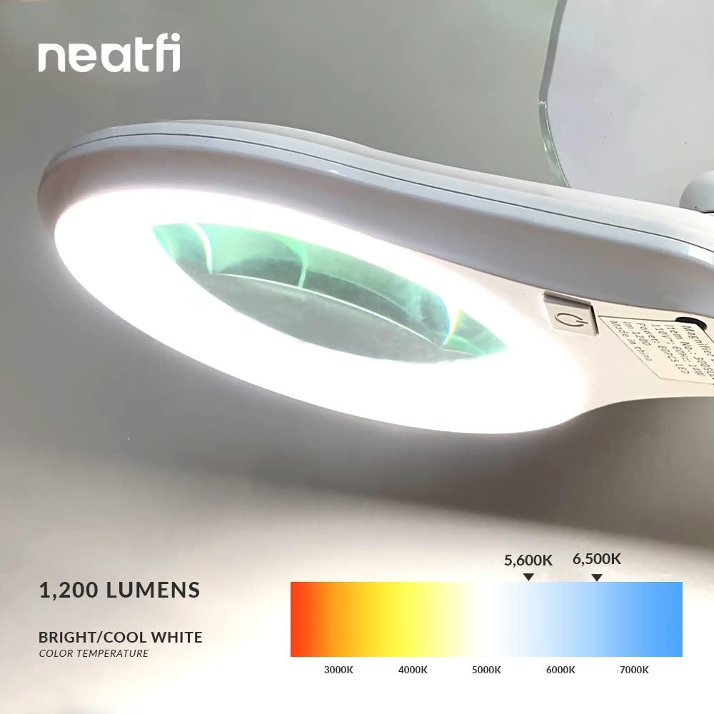 Neatfi (New Model Bifocals 1,200 Lumens Super LED Magnifying Lamp with Clamp, Dimmable, 60 Pcs SMD LED, 5 Inches Diameter Lens, Adjustable Arm (5 Diopter + 20 Diopter, White)