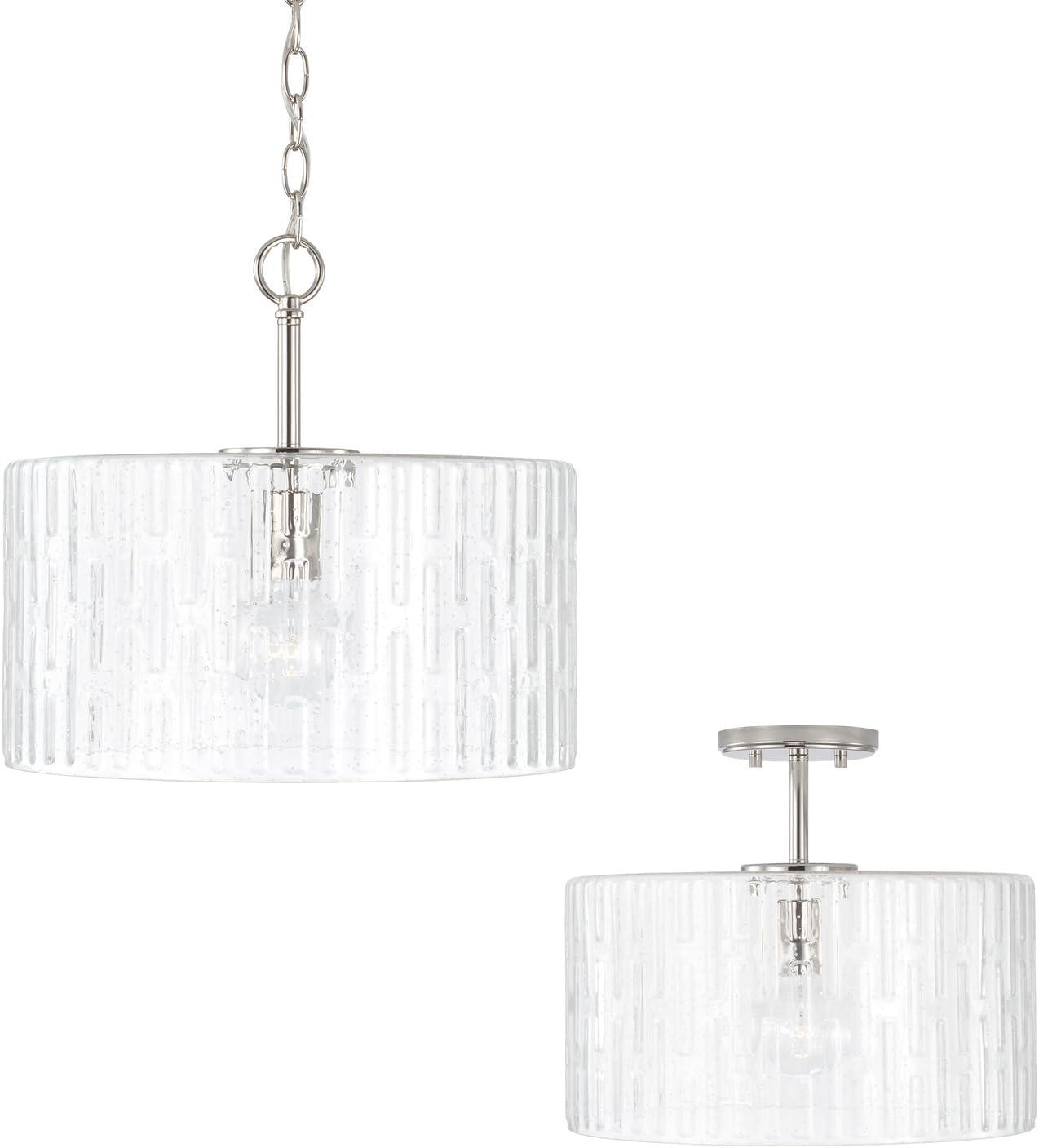 Emerson Geometric Seeded Glass Drum Pendant in Polished Nickel