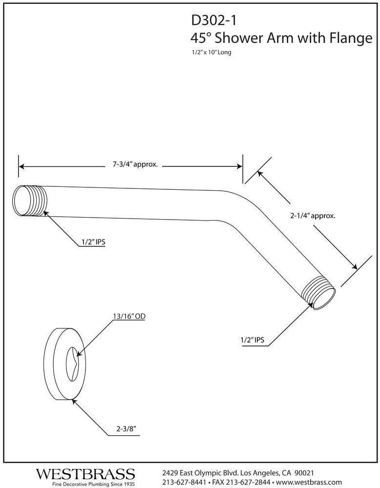 1/2" IPS x 10" Wall Mount Shower Arm with Sure Grip Flange