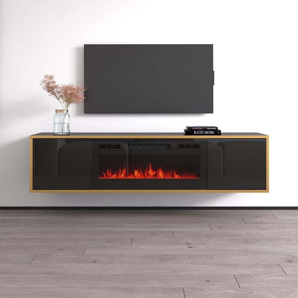 Goldie BL-EF Floating Fireplace TV Stand for TVs up to 75", Modern High Gloss 65" Entertainment Center, Wall Mounted Electric Fireplace TV Media Console with Storage Cabinets